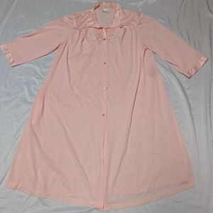 Vanity Fair Vintage USA Made Peach Pink Button Front Long Sleeve Nylon Nightgown